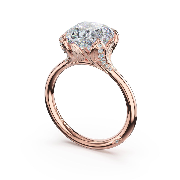 Cushion Petal-Crown Pavé Accent Solitaire in 18kt Rose Gold