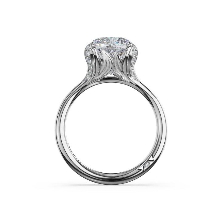 Cushion Petal-Crown Pavé Accent Solitaire in Platinum
