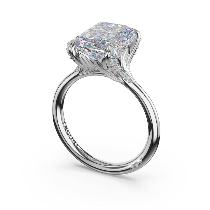 Emerald Petal-Crown Pavé Accent Solitaire in 18kt White Gold