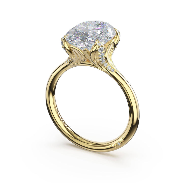 Oval Petal-Crown Pavé Accent Solitaire in 18kt Yellow Gold
