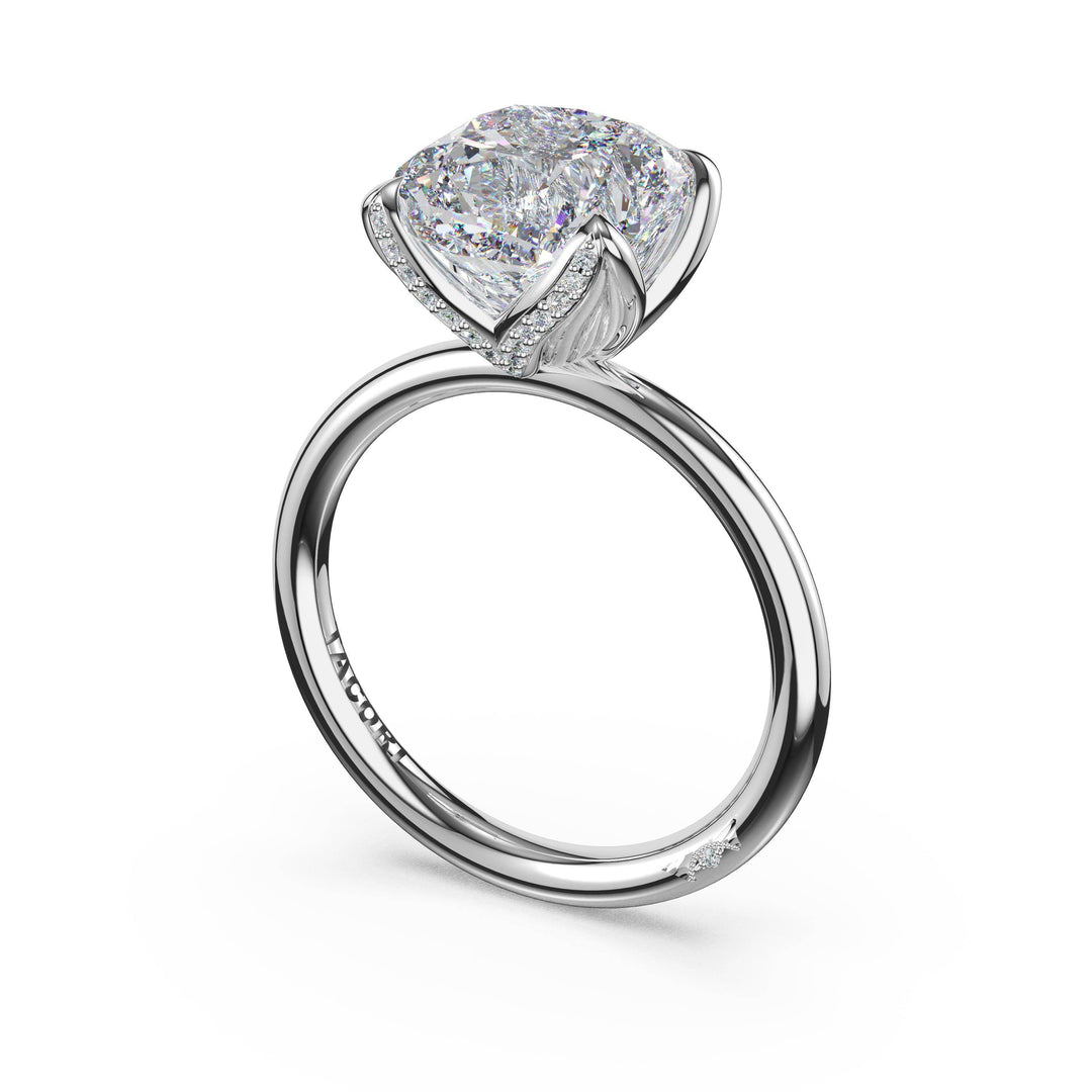 Cushion Sculpted Petal-Pavé-Prong Solitaire in 18kt White Gold