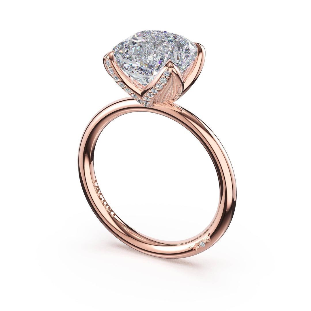 Cushion Sculpted Petal-Pavé-Prong Solitaire in 18kt Rose Gold
