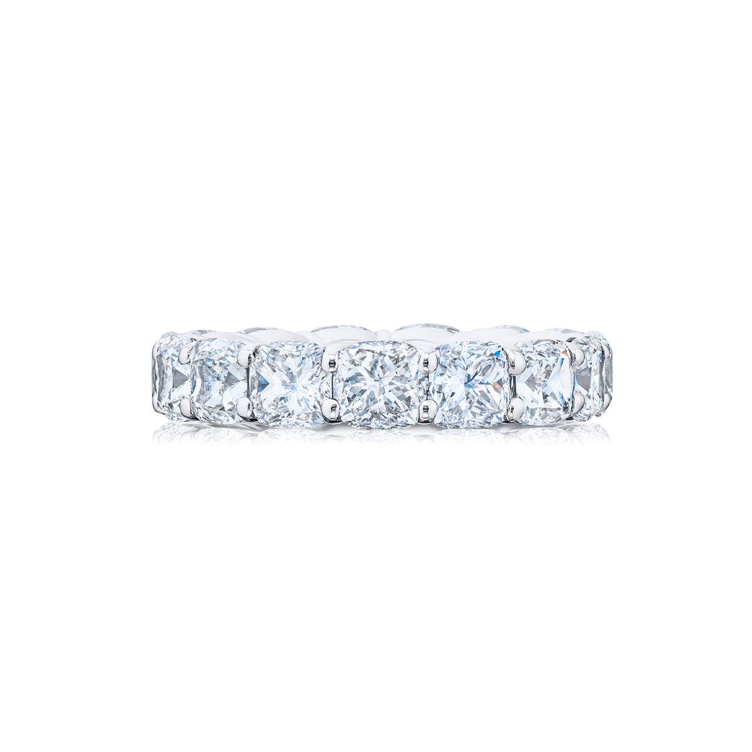 Alluring Eternity: Our magnificent 6.90 ctw. Diamond Eternity Band. These fifteen stunning cushion-cut diamonds are handcrafted in pure platinum.