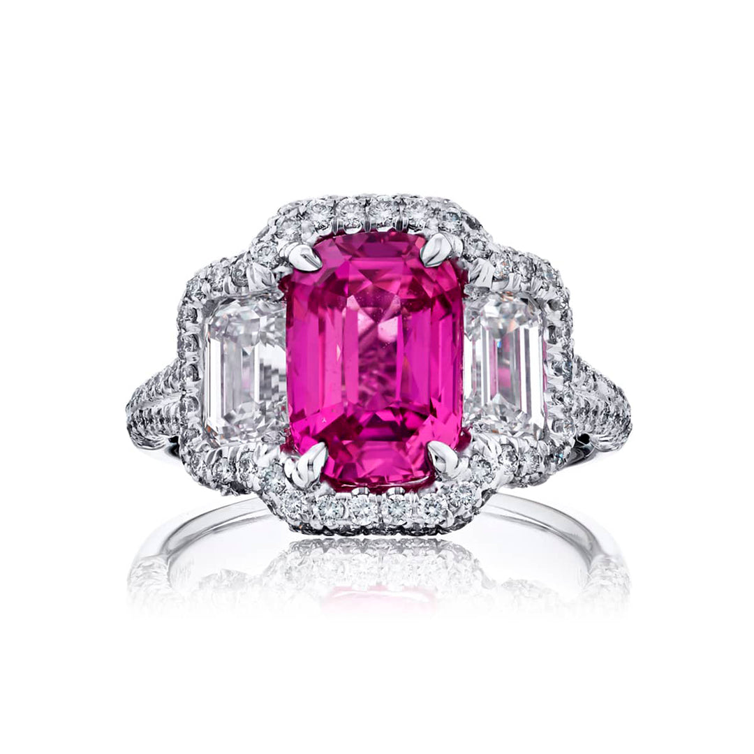 3.52 ct. Emerald-Cut Pink Sapphire & Diamond Ring in Platinum