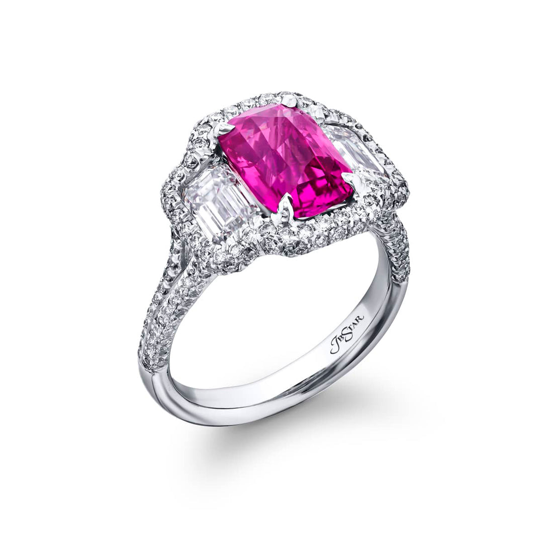 3.52 ct. Emerald-Cut Pink Sapphire & Diamond Ring in Platinum