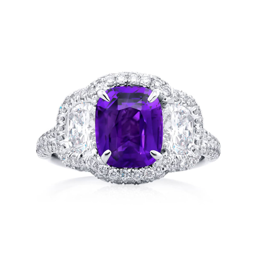 Platinum Cushion-Cut Purple Sapphire Micro Pave Certified Ring