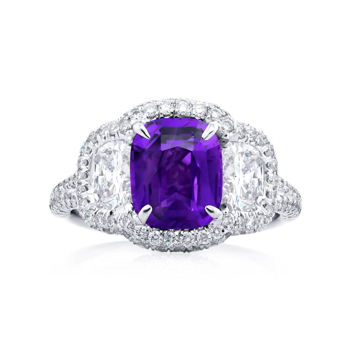 Platinum Cushion-Cut Purple Sapphire Micro Pave Certified Ring