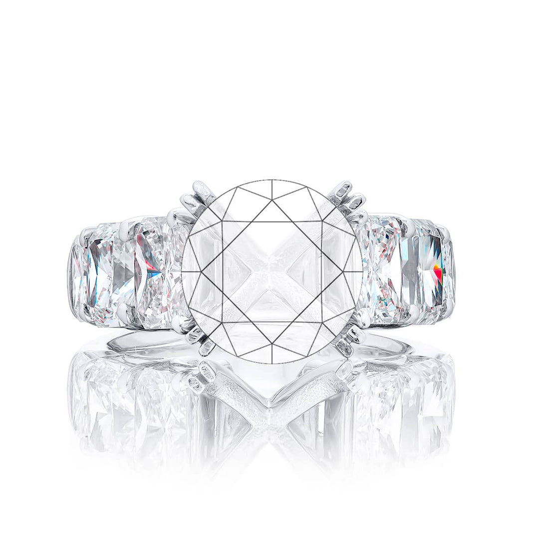 Dazzling Brilliance: Our timeless Square Shank Diamond Semi-mount. These six stunning radiant-cut diamonds are set in a shared prong setting handcrafted in pure platinum.