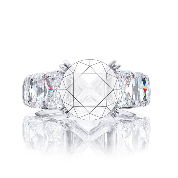 Dazzling Brilliance: Our timeless Square Shank Diamond Semi-mount. These six stunning radiant-cut diamonds are set in a shared prong setting handcrafted in pure platinum.