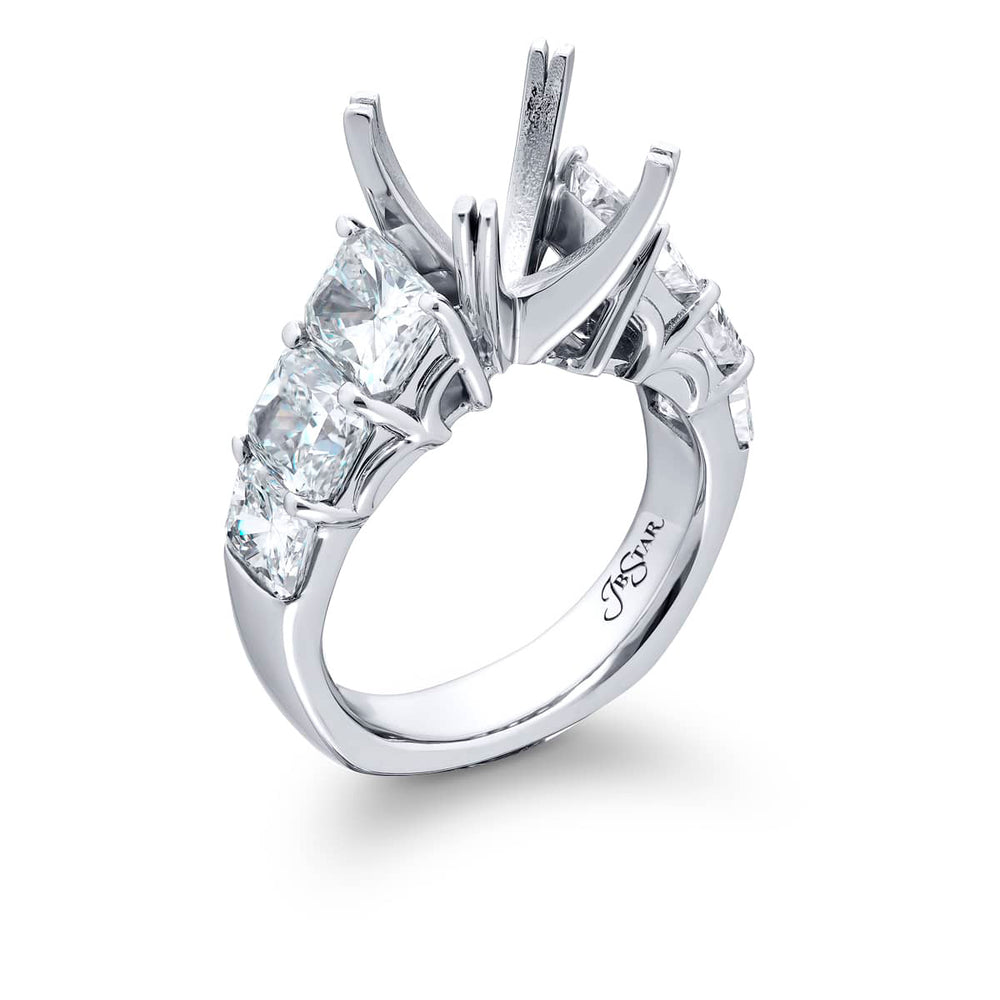 Dazzling Brilliance: Our timeless Square Shank Diamond Semi-mount. These six stunning radiant-cut diamonds are set in a shared prong setting handcrafted in pure platinum.