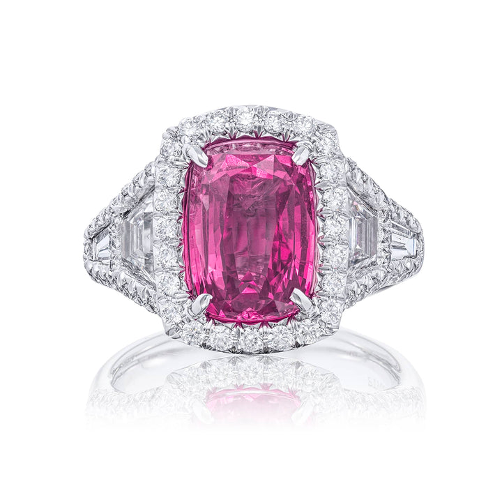 Platinum Emerald-Cut No-Heat Pink Sapphire Certified Micro Pave Ring