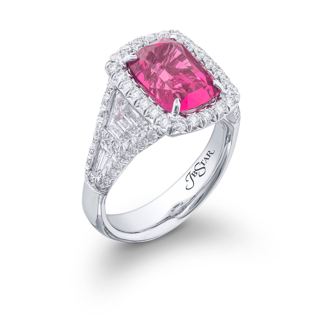 Platinum Emerald-Cut No-Heat Pink Sapphire Certified Micro Pave Ring