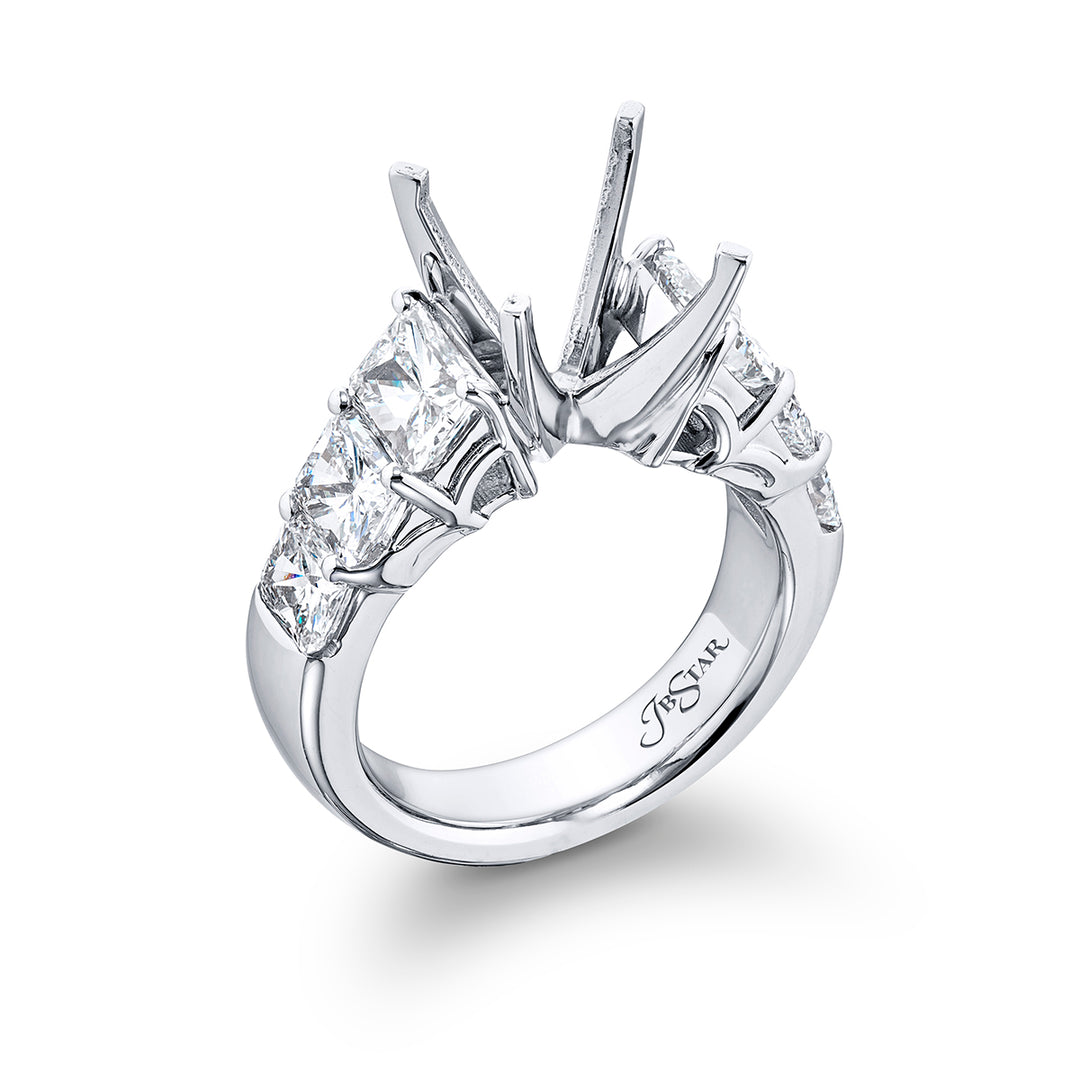 Dazzling Brilliance: Our timeless diamond semi-mount. These six stunning radiant-cut diamonds are set in a shared prong setting handcrafted in pure platinum.