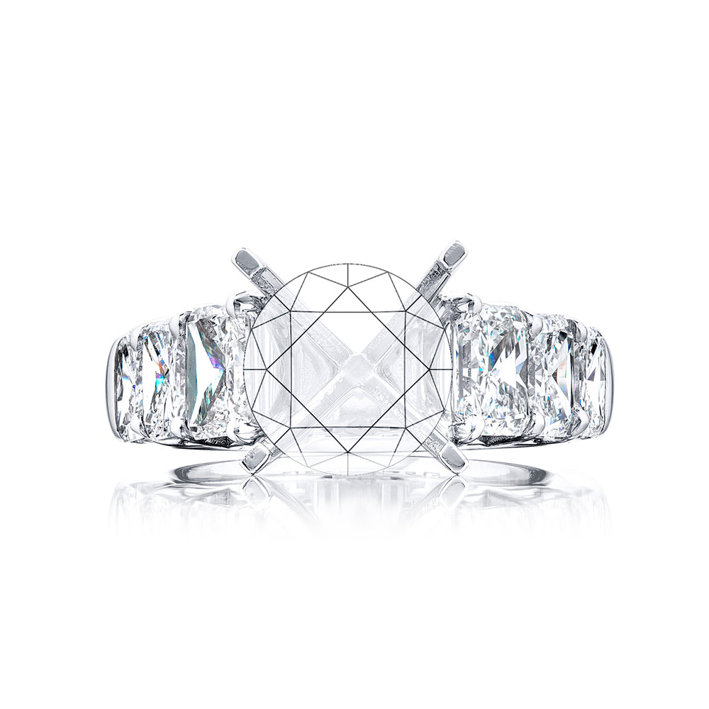 Dazzling Brilliance: Our timeless diamond semi-mount. These six stunning radiant-cut diamonds are set in a shared prong setting handcrafted in pure platinum.