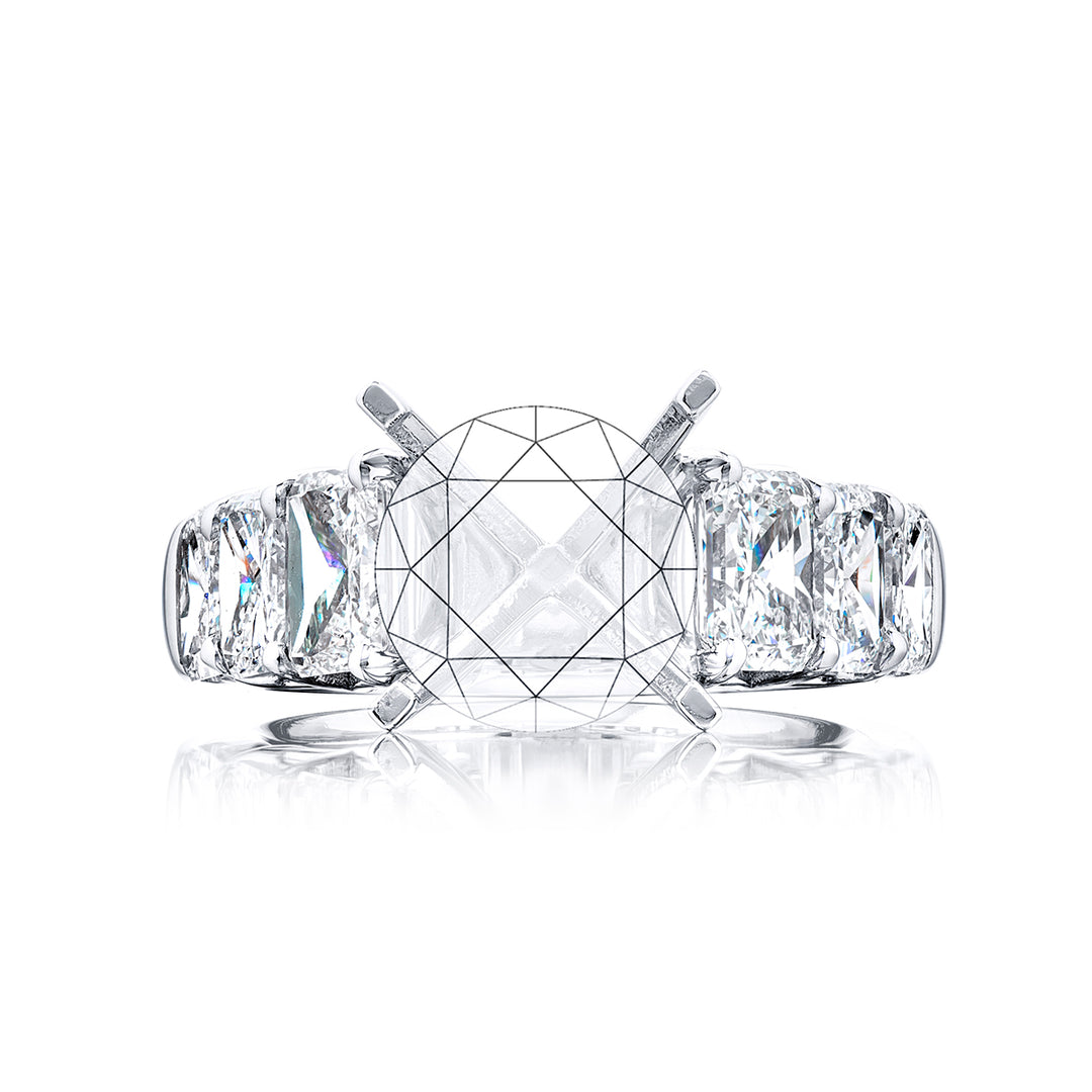 Dazzling Brilliance: Our timeless diamond semi-mount. These six stunning radiant-cut diamonds are set in a shared prong setting handcrafted in pure platinum.