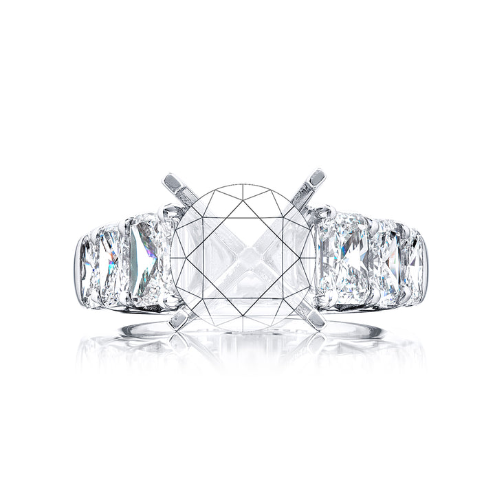 Dazzling Brilliance: Our timeless diamond semi-mount. These six stunning radiant-cut diamonds are set in a shared prong setting handcrafted in pure platinum.