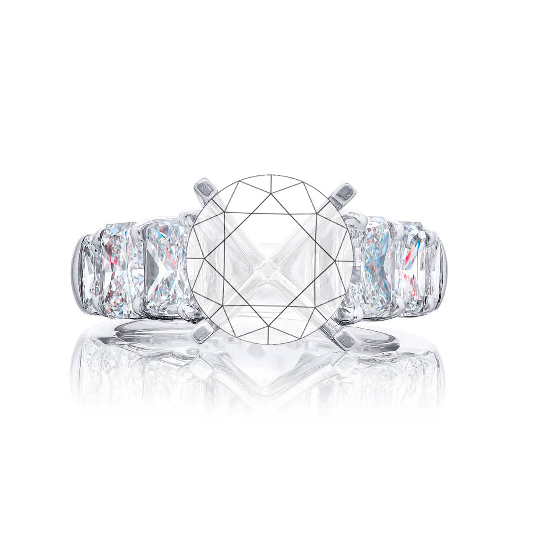 Dazzling Brilliance: Our timeless Diamond Semi-mount. These six stunning radiant-cut diamonds are set in a shared prong setting handcrafted in pure platinum.
