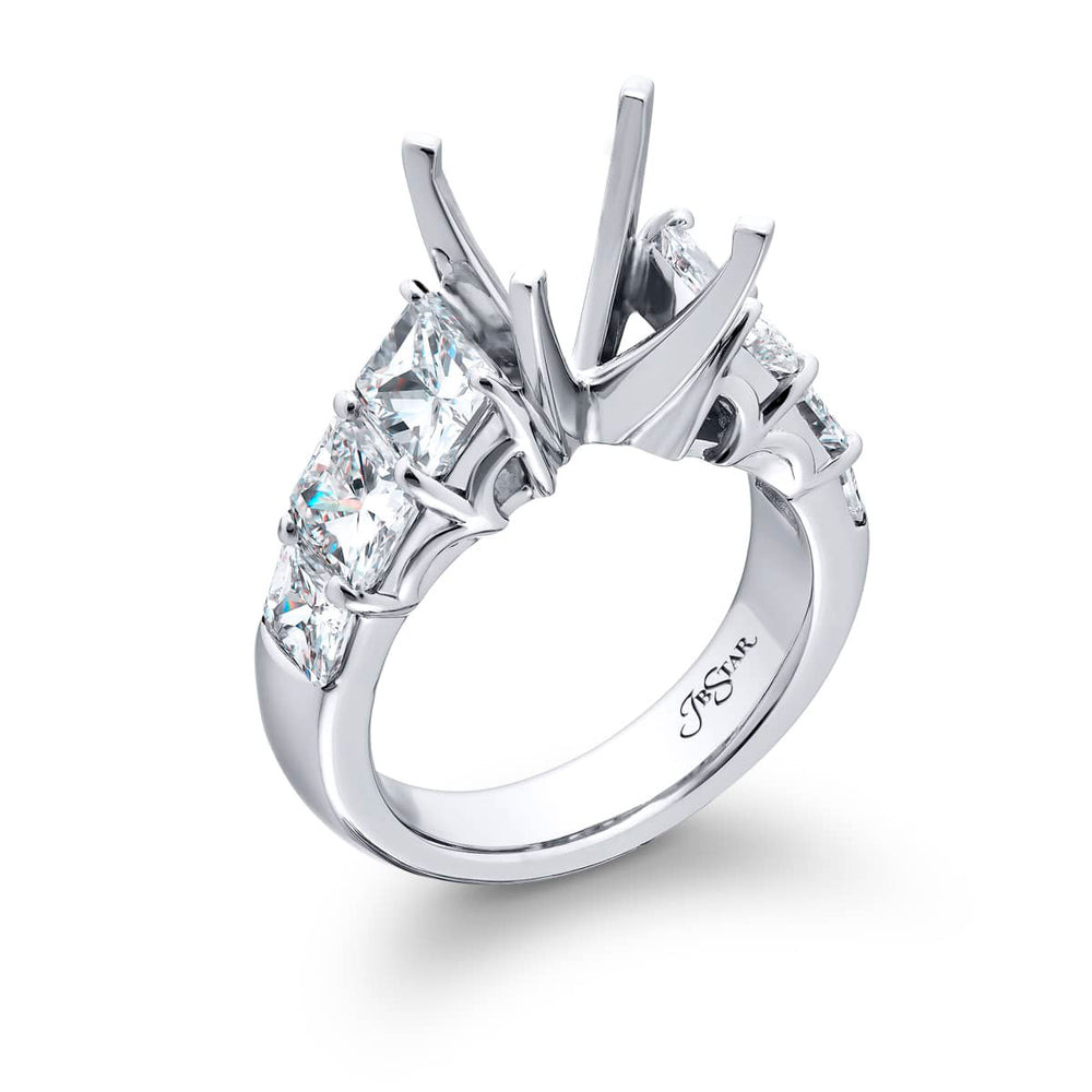 Dazzling Brilliance: Our timeless Diamond Semi-mount. These six stunning radiant-cut diamonds are set in a shared prong setting handcrafted in pure platinum.
