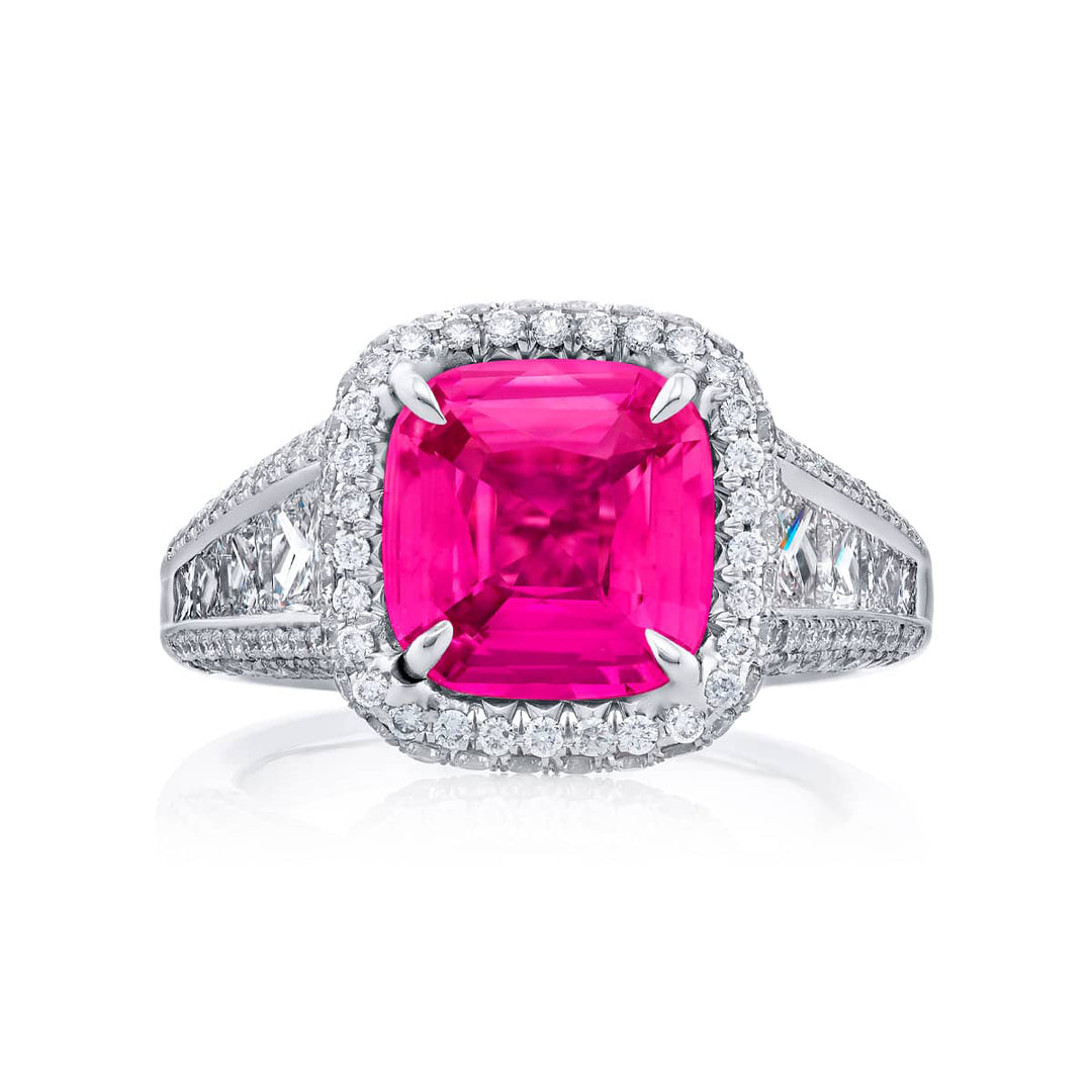 3.03 ct. GIA Certified No-Heat Pink Sapphire Ring with Trapezoid & Micro Pave Diamonds in Platinum