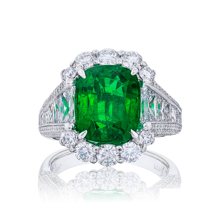 Platinum Cushion-Cut Vivid Emerald Certified Micro Pave Ring