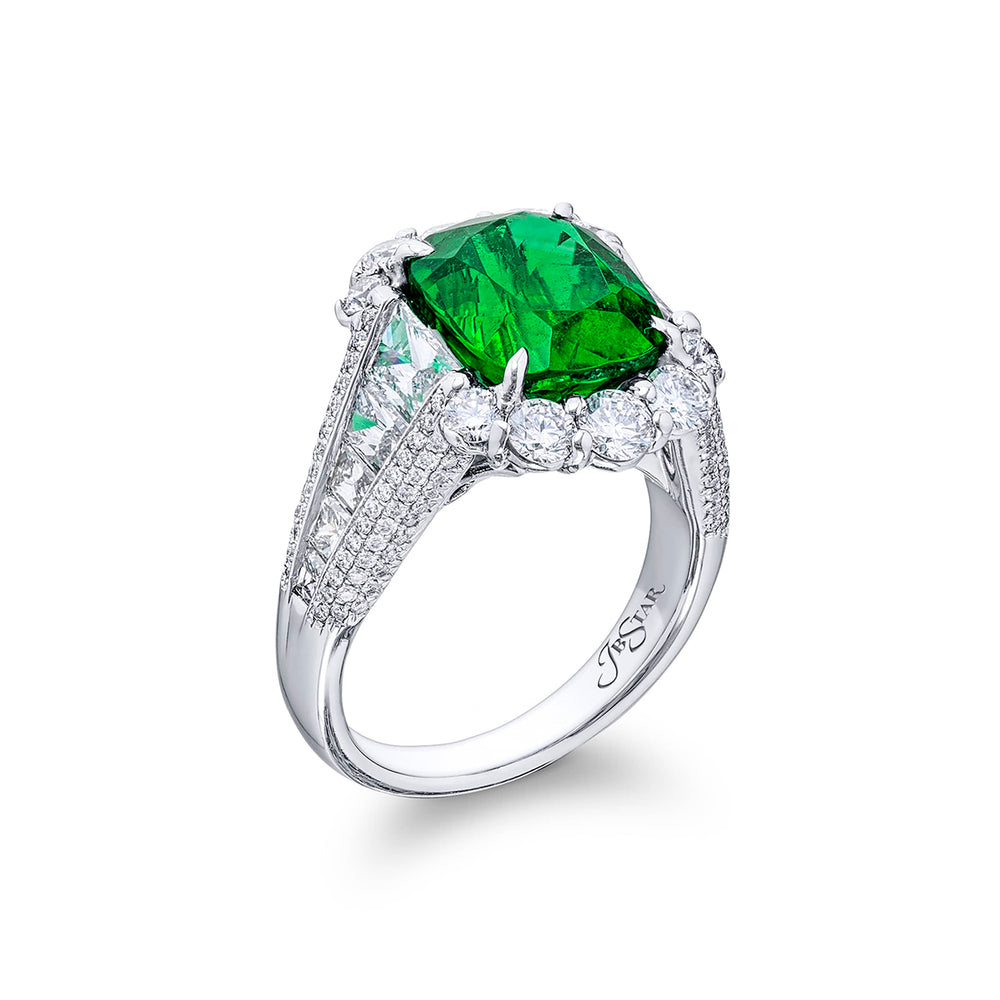 Platinum Cushion-Cut Vivid Emerald Certified Micro Pave Ring