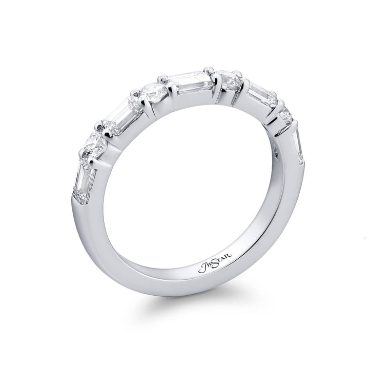 Elegance Elevated: Our classic East-West single row Diamond Band. These stunning straight baguette and round diamonds are handcrafted in pure platinum.