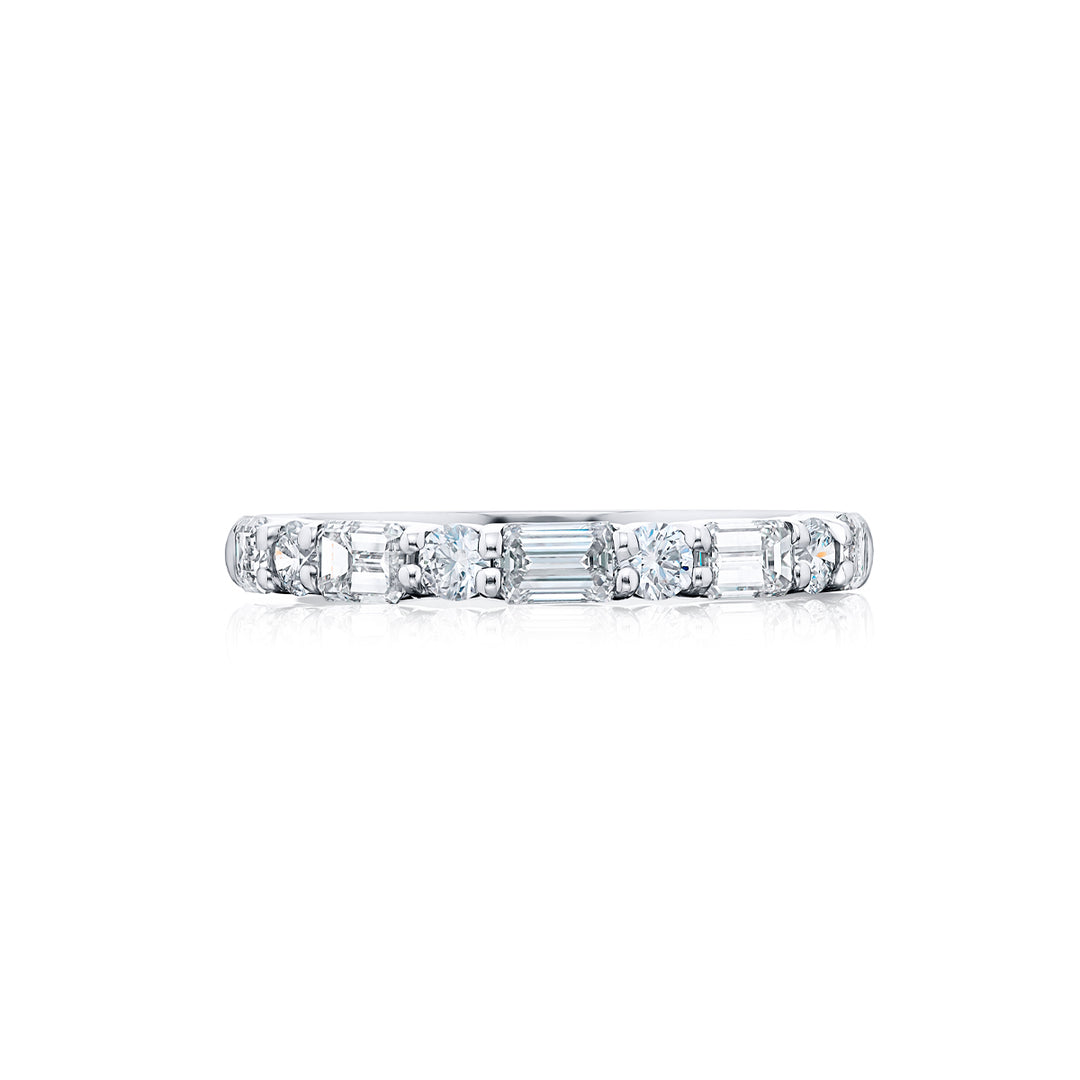 Elegance Elevated: Our classic 1.25 ctw. East-West single row Diamond Band. These beautiful emerald-cut diamonds accompany round diamonds and are handcrafted in pure platinum.