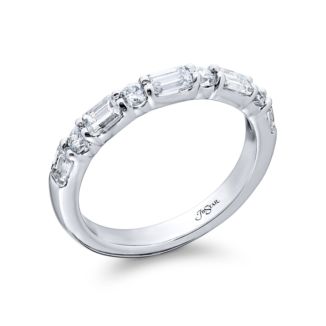 Elegance Elevated: Our classic 1.25 ctw. East-West single row Diamond Band. These beautiful emerald-cut diamonds accompany round diamonds and are handcrafted in pure platinum.