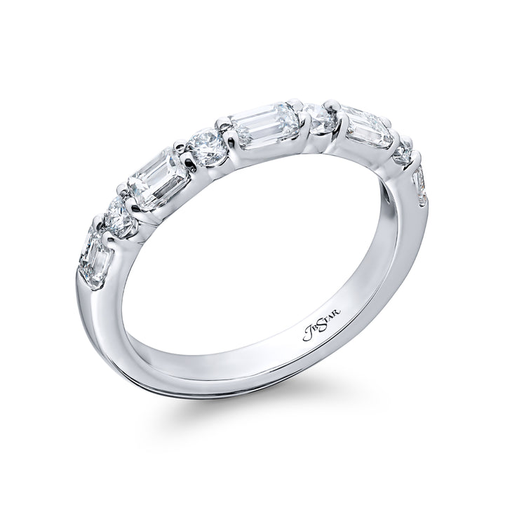 Elegance Elevated: Our classic 1.25 ctw. East-West single row Diamond Band. These beautiful emerald-cut diamonds accompany round diamonds and are handcrafted in pure platinum.