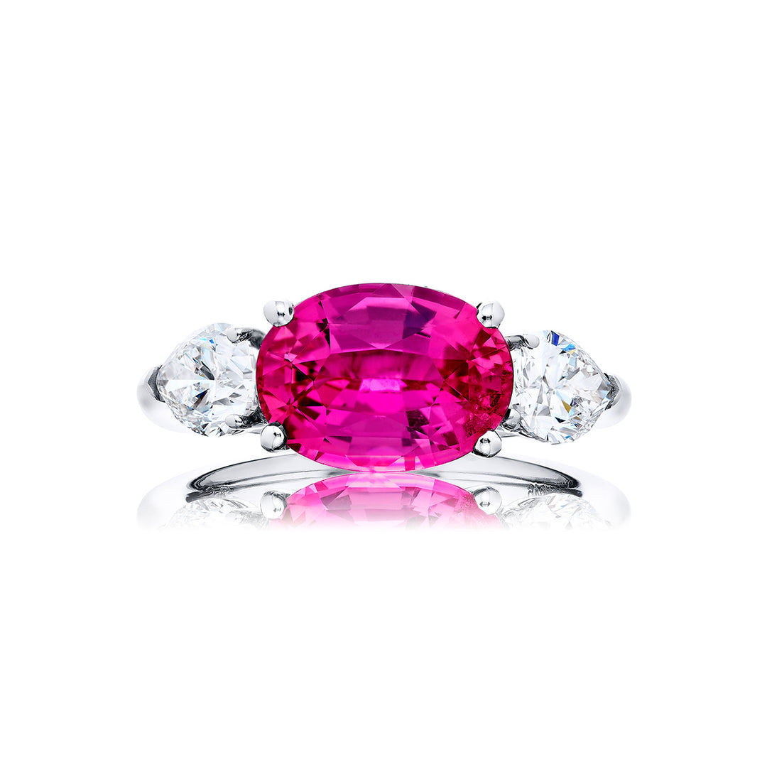 4.08 ct. No-Heat Oval Padparadscha Sapphire & Pear Diamond Ring in Platinum