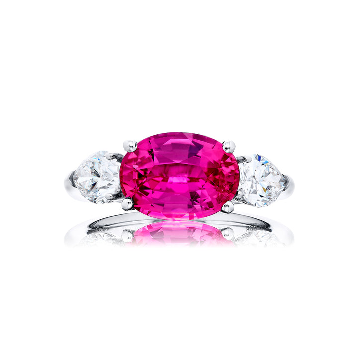 4.08 ct. No-Heat Oval Padparadscha Sapphire & Pear Diamond Ring in Platinum