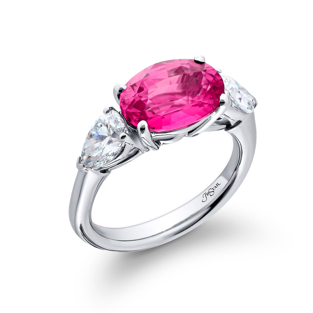 4.08 ct. No-Heat Oval Padparadscha Sapphire & Pear Diamond Ring in Platinum