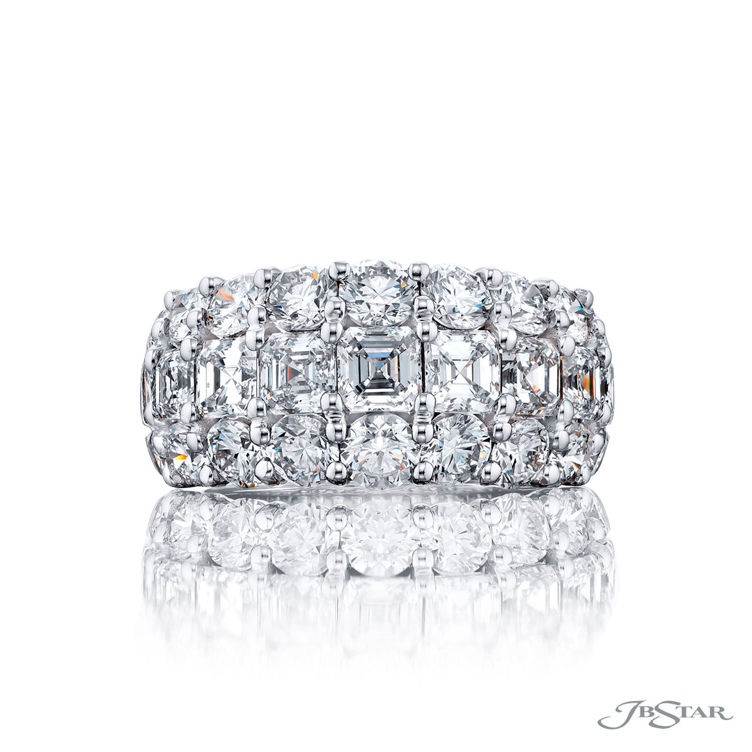 Platinum Round and Square Emerald-Cut Diamond Three-Row Band