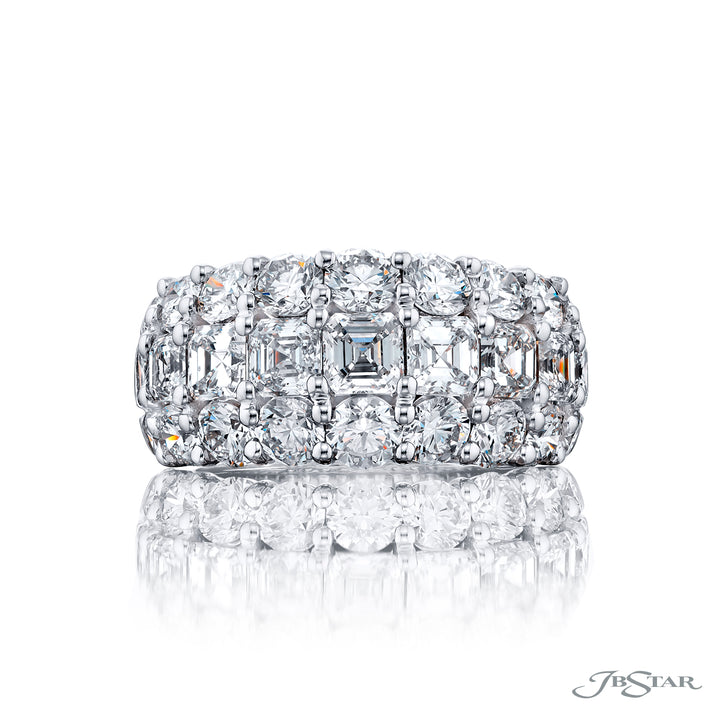 Platinum Round and Square Emerald-Cut Diamond Three-Row Band