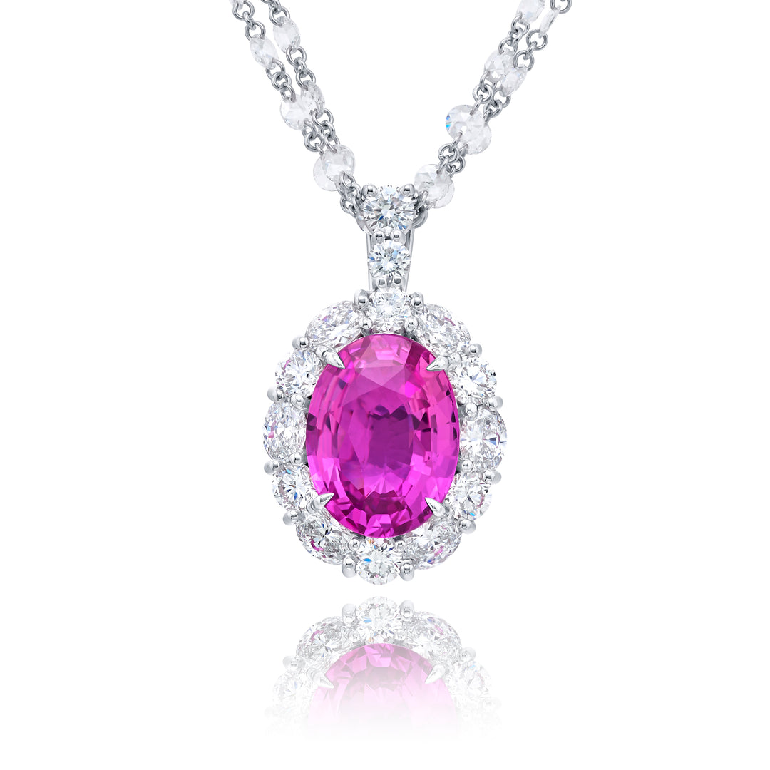 Platinum Oval Pink Sapphire and Diamond Certified Pendant
