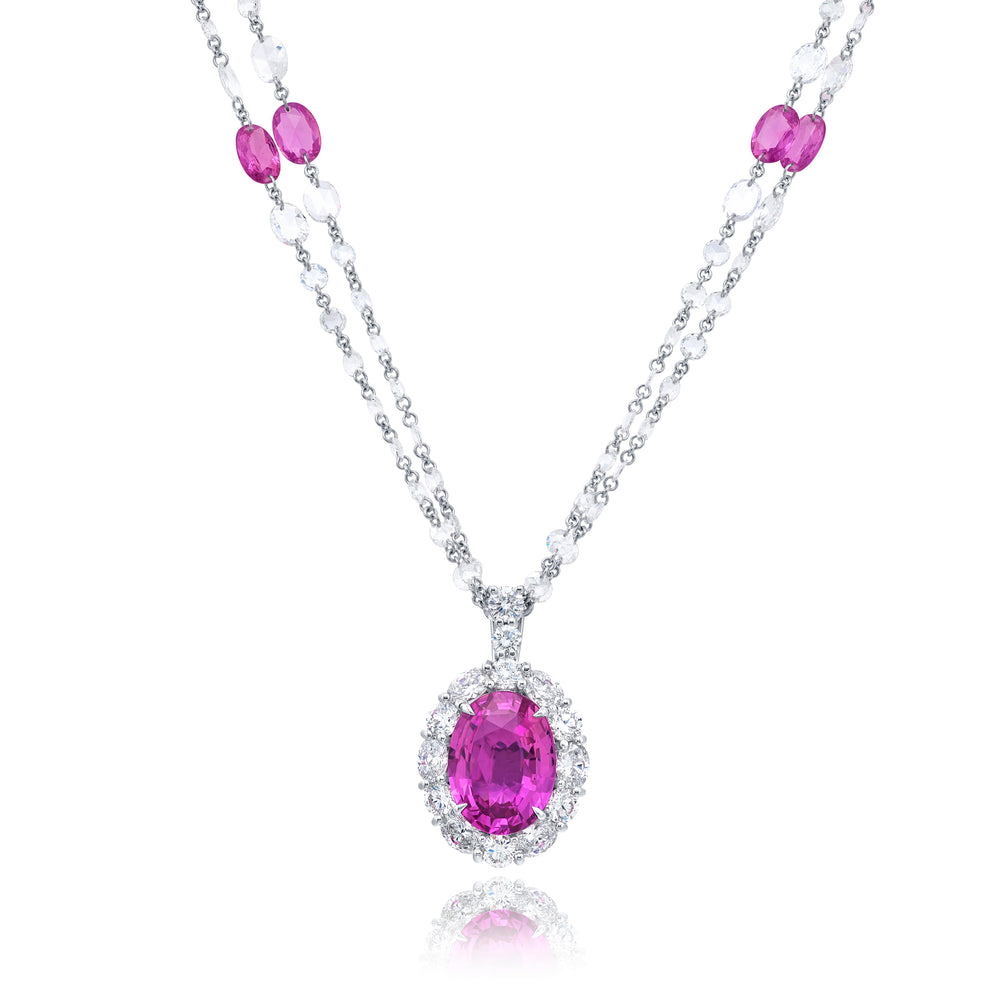 Platinum Oval Pink Sapphire and Diamond Certified Pendant