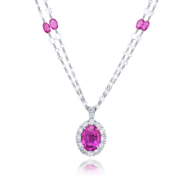 Platinum Oval Pink Sapphire and Diamond Certified Pendant