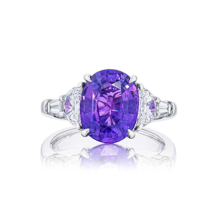 4.06 ct. No-Heat Oval Purple Sapphire with Half-Moon & Tapered Baguette Diamonds in Platinum