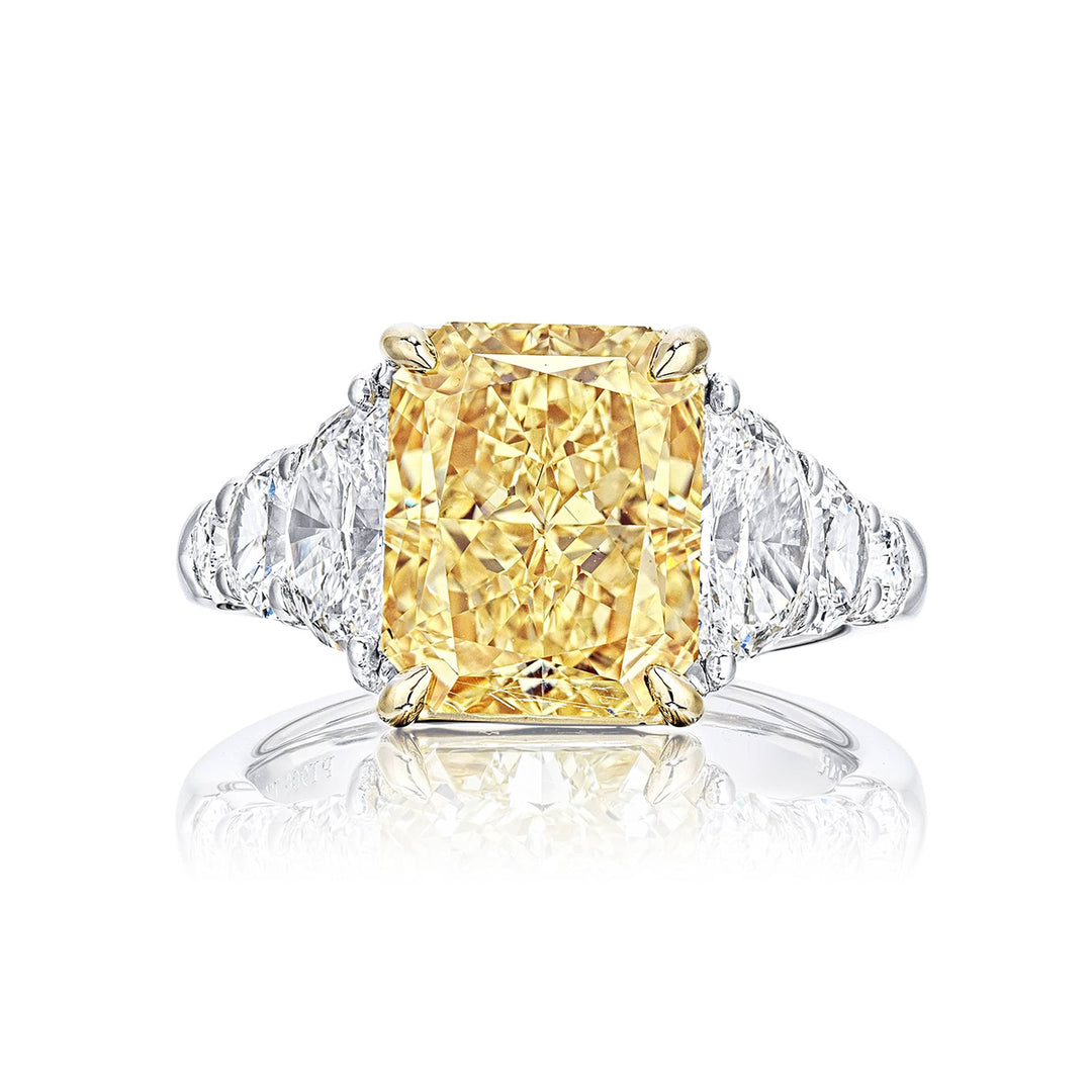 Dazzling 5.05 ct. Fancy Yellow Radiant-Cut Diamond Ring with Half-Moon & Shield Diamonds