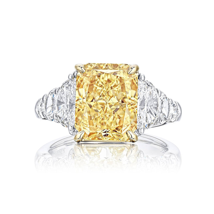 Dazzling 5.05 ct. Fancy Yellow Radiant-Cut Diamond Ring with Half-Moon & Shield Diamonds