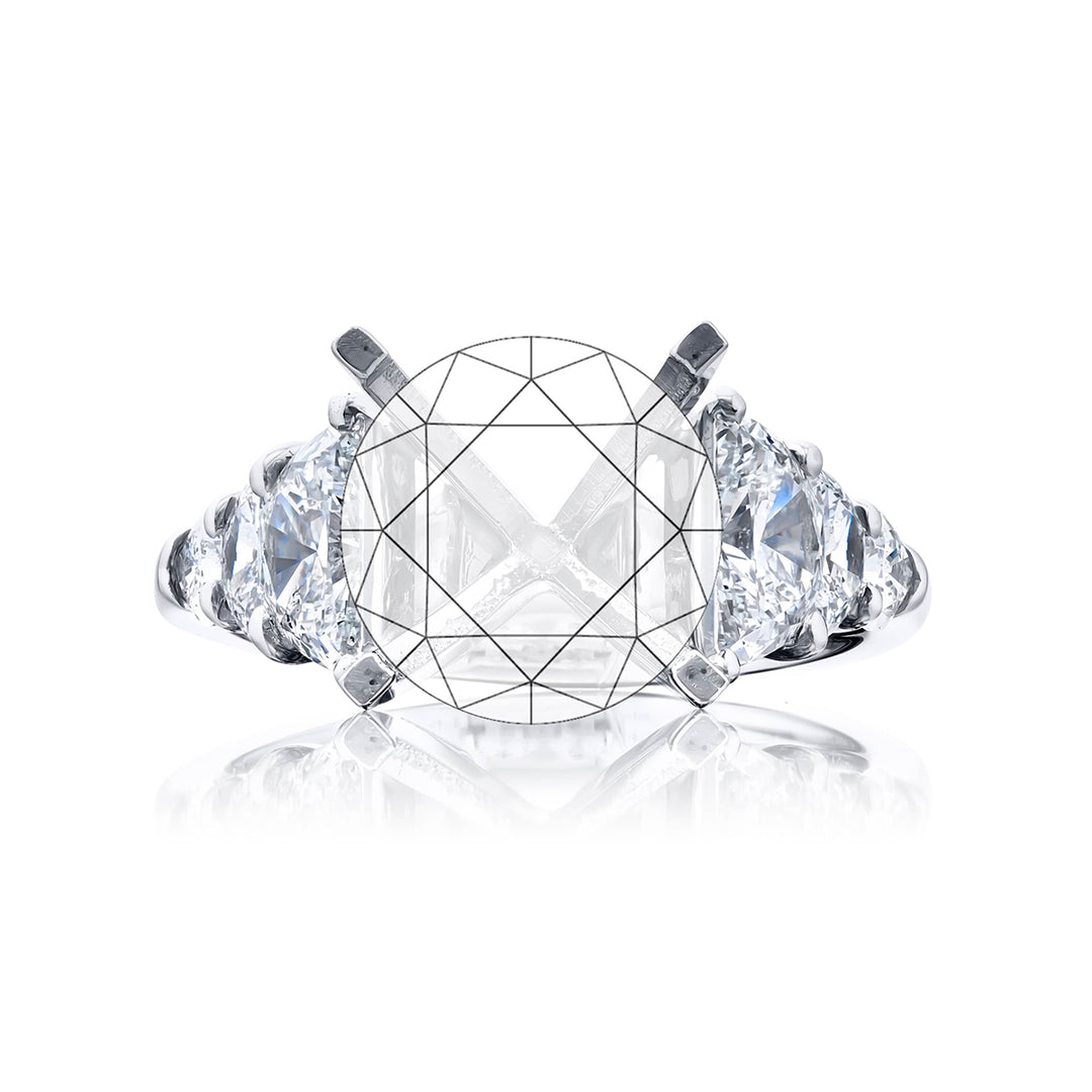 Dazzling Brilliance: Our timeless Diamond Semi-mount. These four half-moon diamonds accompanied by two stunning shield diamonds are handcrafted in pure platinum.