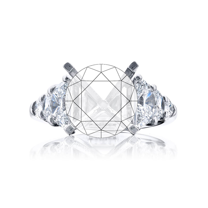 Dazzling Brilliance: Our timeless Diamond Semi-mount. These four half-moon diamonds accompanied by two stunning shield diamonds are handcrafted in pure platinum.