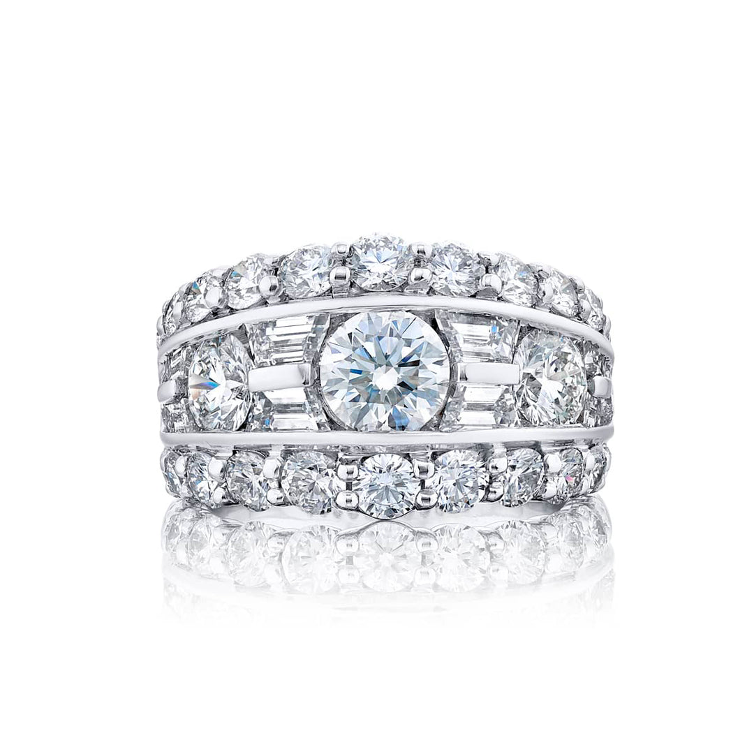Iconic Three-Row Diamond Band | Trapezoid and Round-Cut Design in Platinum