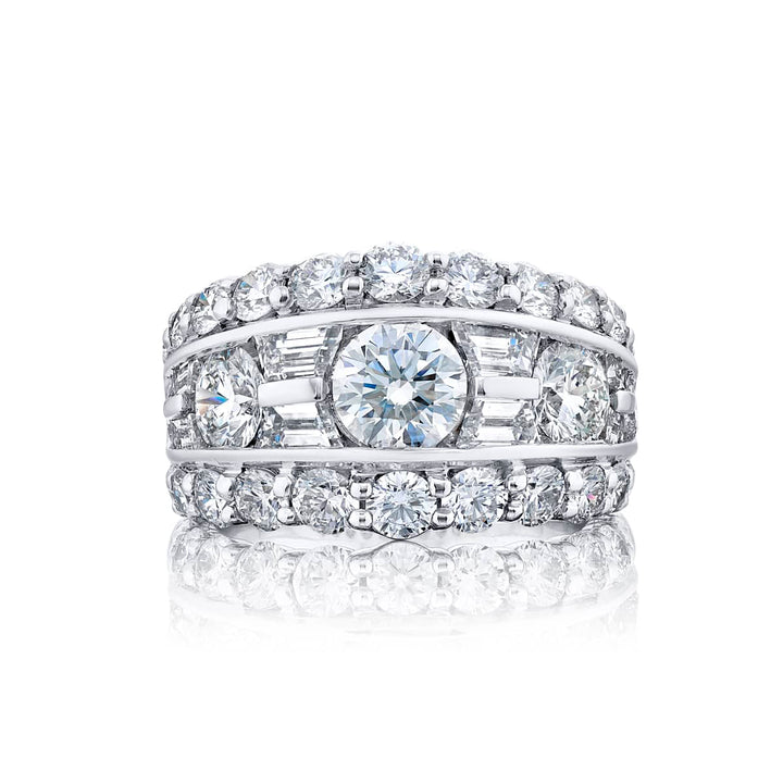 Iconic Three-Row Diamond Band | Trapezoid and Round-Cut Design in Platinum