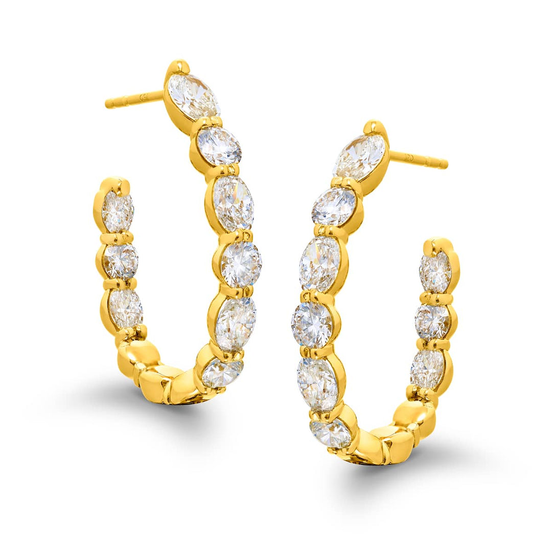 18K Yellow Gold Oval and Round Diamond Hoop Earrings