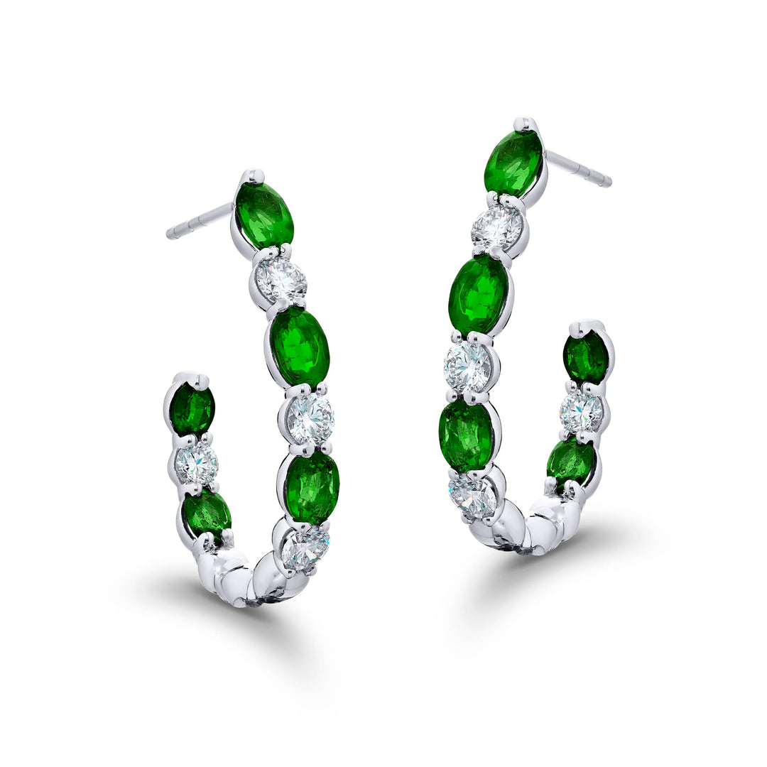 Platinum Oval Emerald and Diamond Hoop Earrings