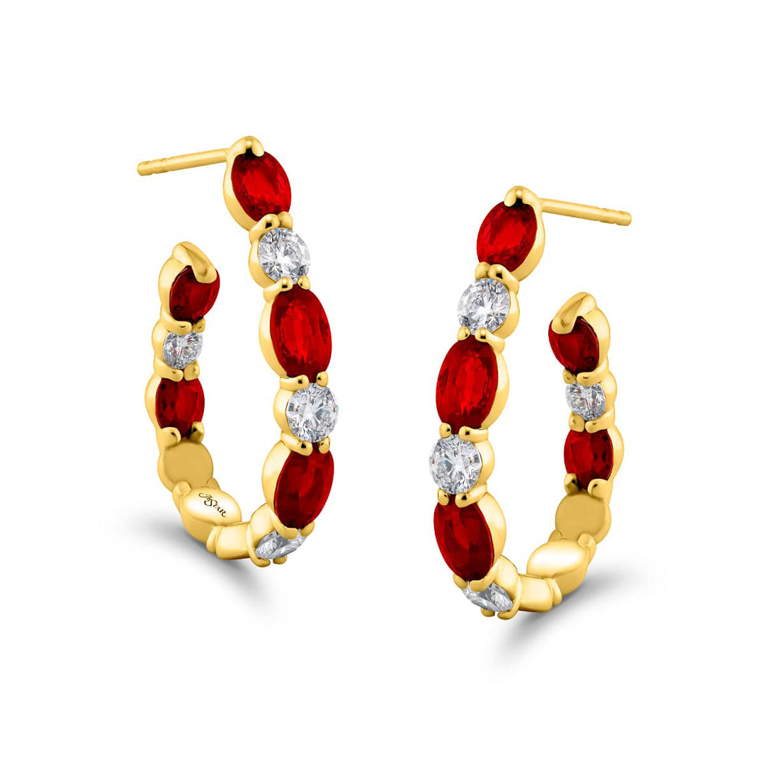 18K Yellow Gold Oval Ruby and Diamond Hoop Earrings