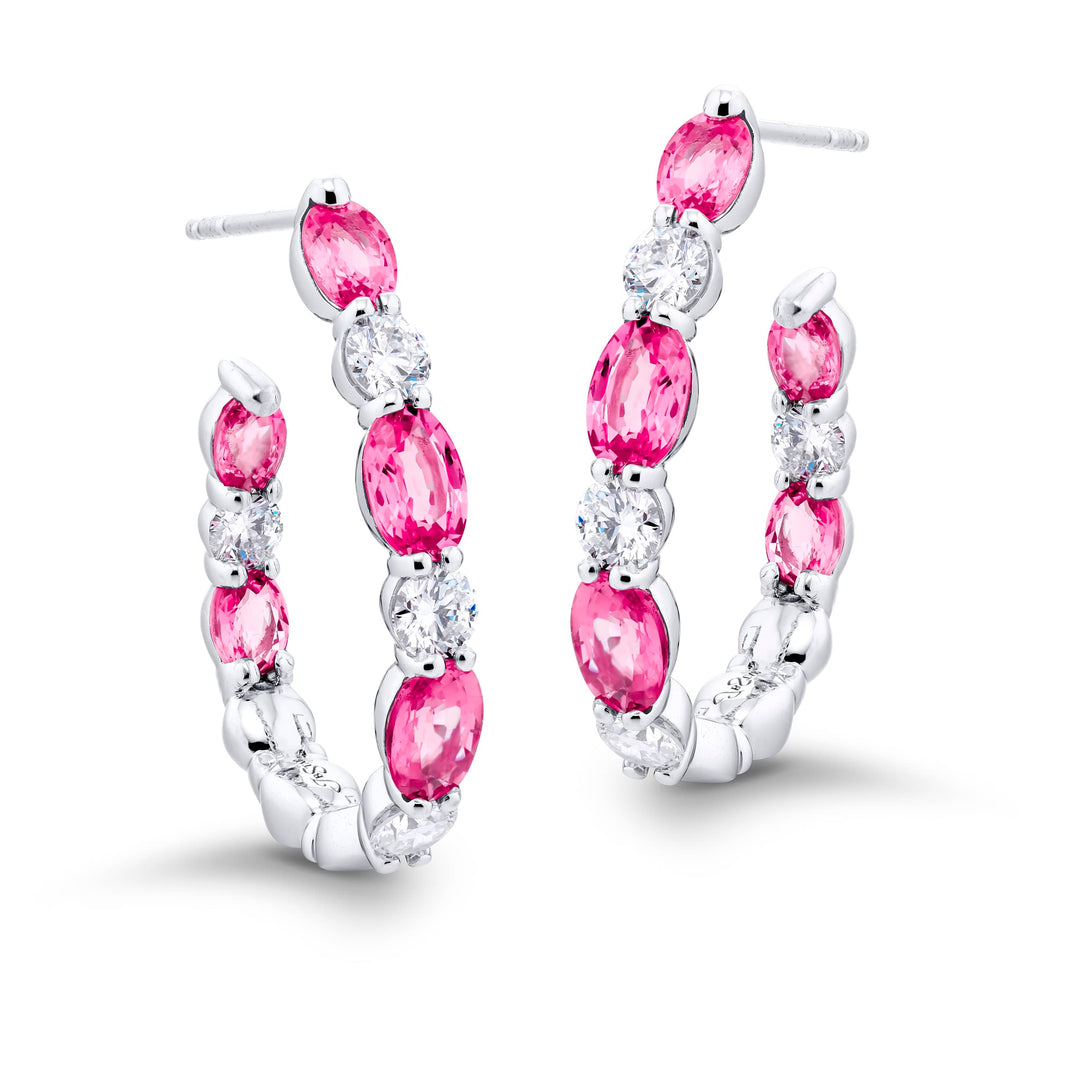 Platinum Oval Pink Sapphire Hoop Earrings