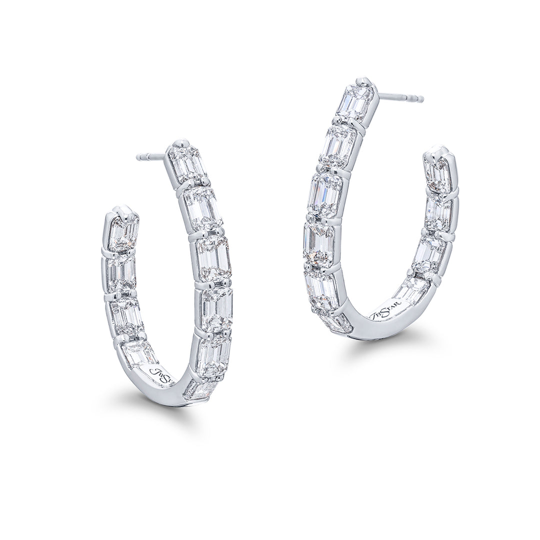 Platinum Emerald-Cut Diamond Hoop Earrings