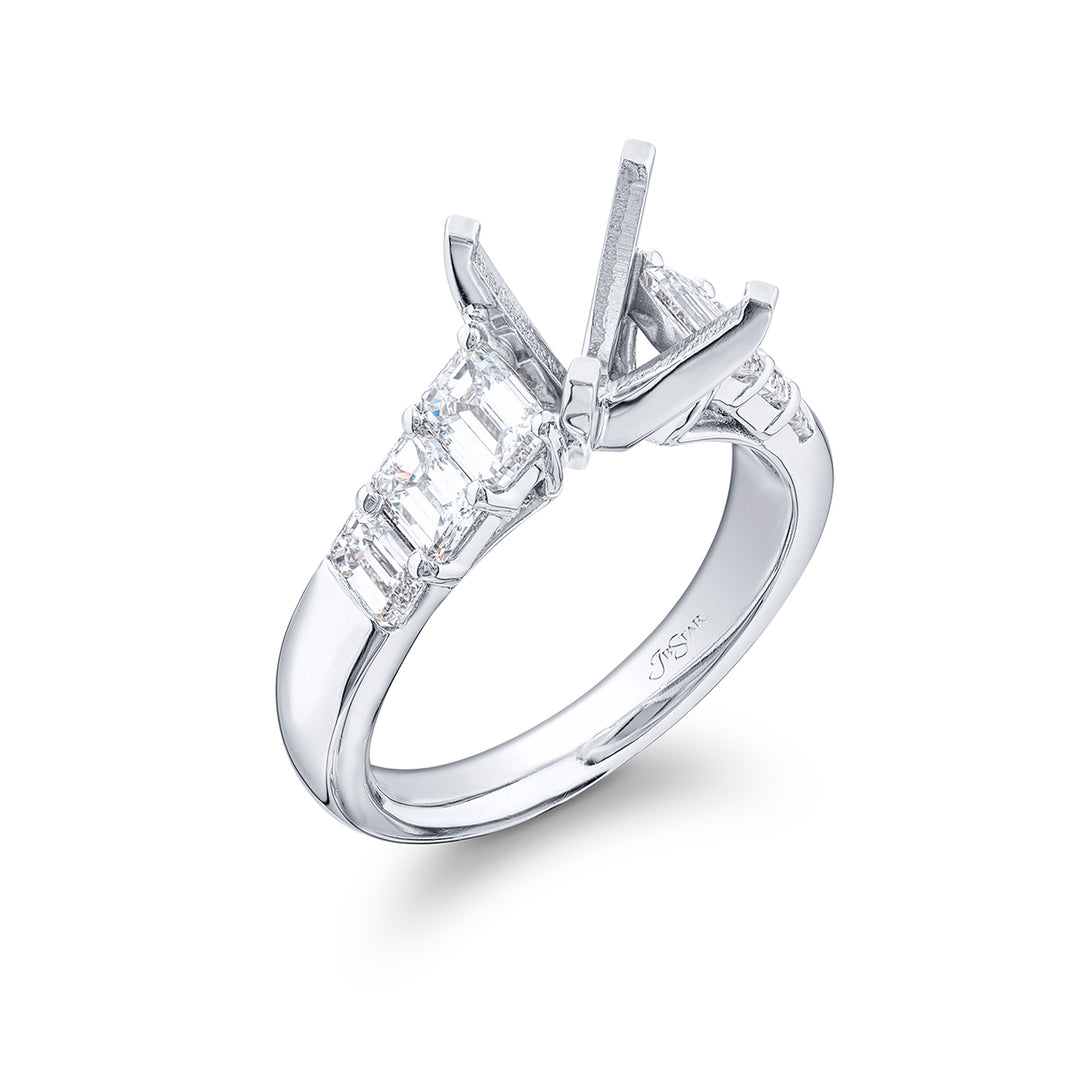 Dazzling Brilliance: Our timeless East-West Diamond Semi-mount. These six emerald-cut diamonds are set in a shared prong setting handcrafted in pure platinum.
